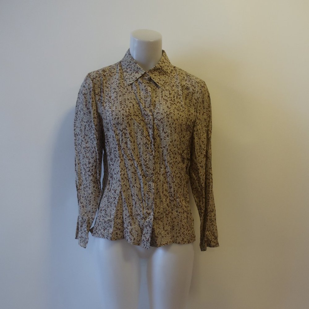 Emanuel Ungaro Beige and Brown Textured Button-Up silk Blouse size 8 petite
